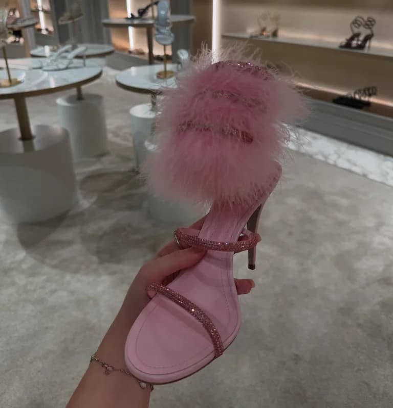 Pink fur ankle warp crystal high heels sandals black summer new in glitter snake luxury designer women's party wedding shoes