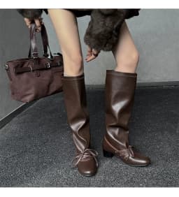 Brand Designer Boots for Women Soft Leather Pleated Long Knee-High Boots Block Heel Lace Up Lady Knight Shoes Botines De Mujer