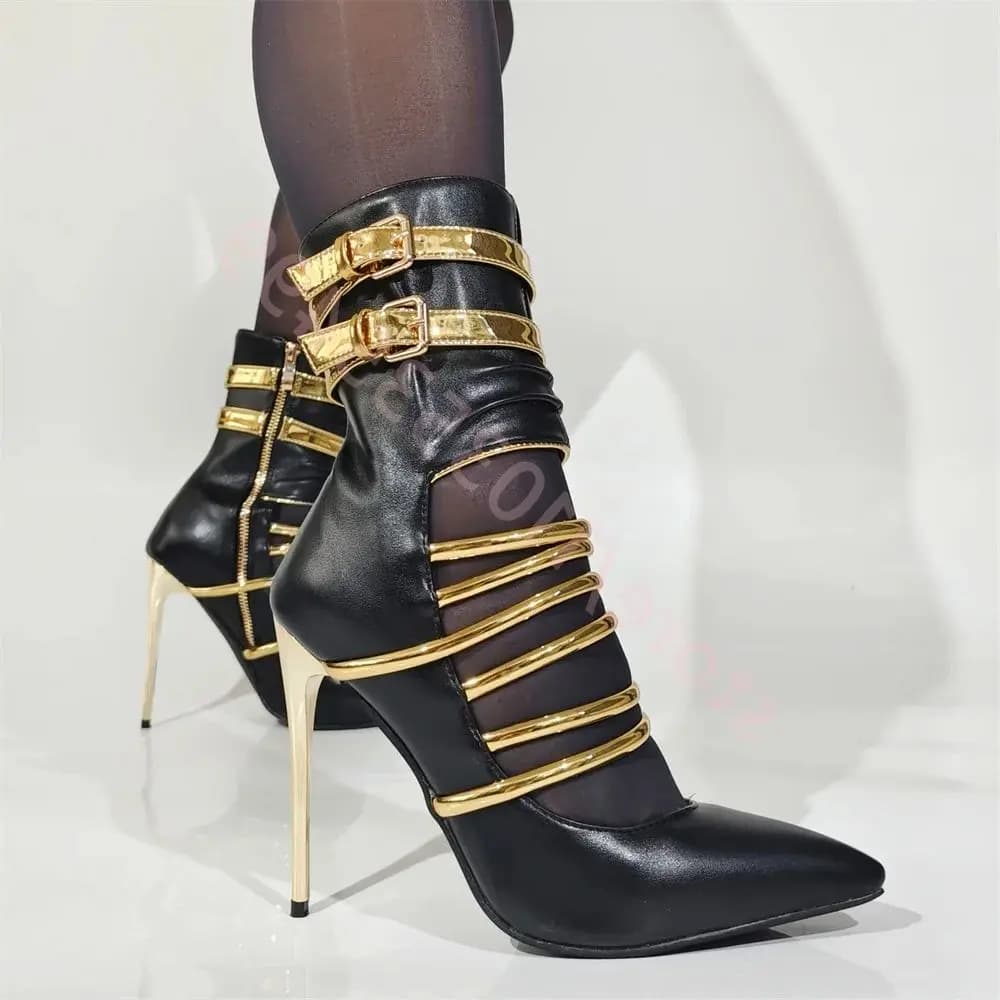 Pointed Toe Hollow Belt Buckle Stilettos 2026 Autumn New Banquet Sexy Ladies Short Boots Mixed Color Fashion Casual Shoes