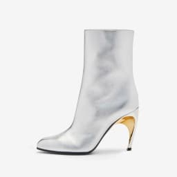 Arden Furtado Silver Plus Size Genuine Leather Short Boots with Metal Alien Heel Pointed Toe Side Zipper Stilettos Heels Modern