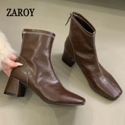 ZAROY Back Zipper Chunky Heel Slim Women Ankle Boots Autumn Winter Elegant Square Toe Leather Botas Office Party Dress Booties