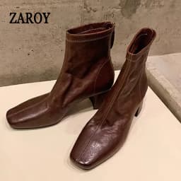 ZAROY Back Zipper Chunky Heel Slim Women Ankle Boots Autumn Winter Elegant Square Toe Leather Botas Office Party Dress Booties