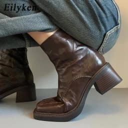 Eilyken Spring Autumn Retro Ankle Boots Women Square Heel Back Zipper Shoes Designer Split Stitching Slim Short Booties