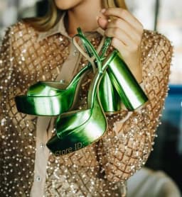 Metallic Green Platform Peep Toe High Heel Sansals Women Ankle Strap Chunky Heeled Sexy Evening Party Ladies Shoes