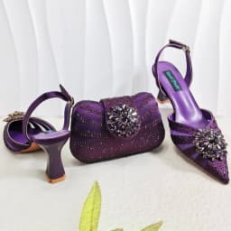 2026 Elegant Purple Color Women's Heels Shoes Bag Set Rhinestone Embellished Designer HAND CRAFTED UPPER Shoes for Special Event