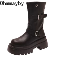 Slim Fit Motorcycle Mid Calf Boots Women Platform Thick Sole Double Buckle Strap Faux Leather Slip On Autumn Winter Ladies Boots