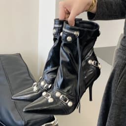 Pointed‑Toe High Heel Ankle Boots for Women Punk Rivet Metal Buckle Decor Thin Heel Short Boots Party Evening Leather Shoes