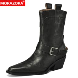 MORAZORA 2025 New Genuine Leather Boots Women Pointed Toe Buckle Wedges Heels Ankle Boots Cowboy Western Boots Ladies Shoes