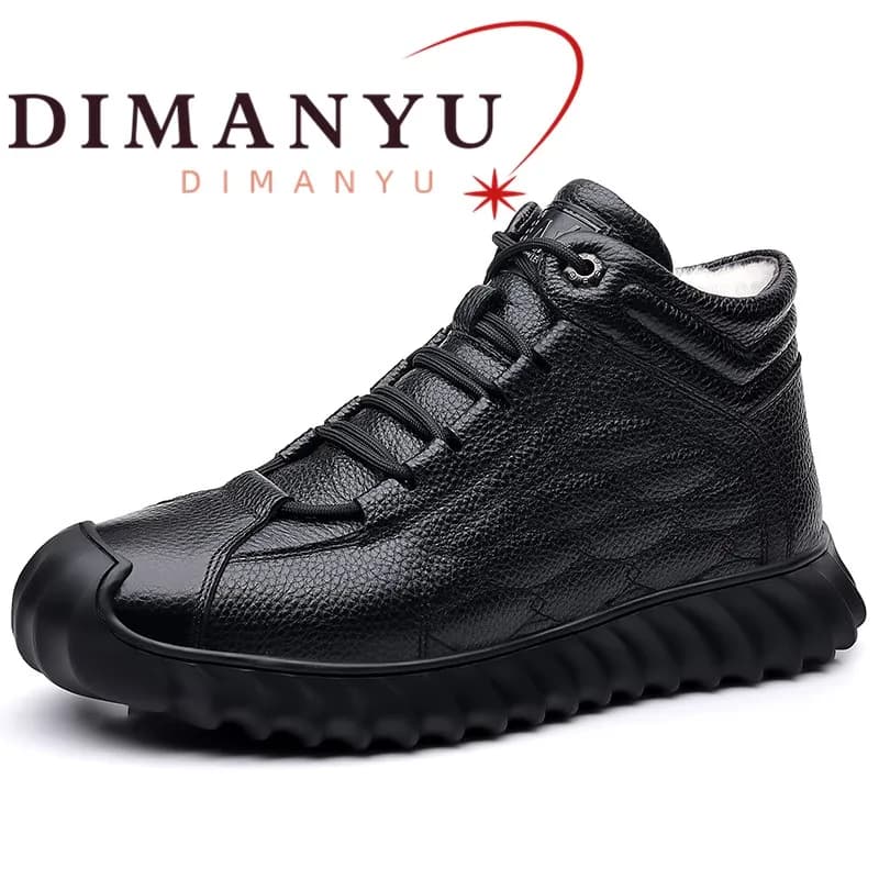 DIMANYU Men Genuine Leather Winter Snow Boots Warm High‑Top Men Casual Boots Non‑Slip Lace‑Up Male Ankle Booots Footwear