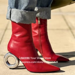 Metal Circle Heel Booties Novelty Designer Style Pointed Ankle Boots Full Length Inner Zipper Fashion Women Boots Custom Colors