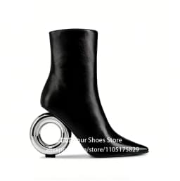 Metal Circle Heel Booties Novelty Designer Style Pointed Ankle Boots Full Length Inner Zipper Fashion Women Boots Custom Colors