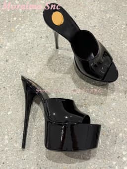 Patent Leather Peep Toe Platform Stiletto Mule Heels Slip On Super Slim High Heel Nightclub Parties Dating Nights Glam Evening