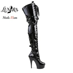 15cm/6Inch Black Patent Platform High Heel Thigh High Boots Lace-Up Buckle Zipper Non-slip Gothic Performance Pole Dance Ladies