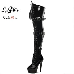 15cm/6Inch Black Patent Platform High Heel Thigh High Boots Lace-Up Buckle Zipper Non-slip Gothic Performance Pole Dance Ladies