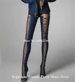Kqaoqao Sexy Blue Denim Stiletto Heel Over Knee Boots Peep Toe Lace-up Thigh High Thin Heel Long Boots Big Size Boots
