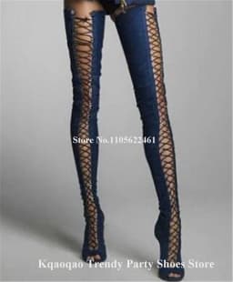 Kqaoqao Sexy Blue Denim Stiletto Heel Over Knee Boots Peep Toe Lace-up Thigh High Thin Heel Long Boots Big Size Boots