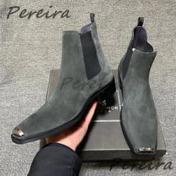 Men's Suede Leather Metal Toe Chelsea Boots British Retro Solid Color Med Heel Ankle Boots Autumn Winter New Cowhide Male Shoes
