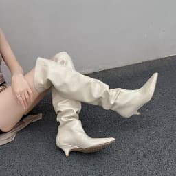 Arden Furtado Autumn Beige Microfiber Large Tubular Boots Pointed Toe Pull-On Stilettos Heels Simple Style Over the Knee Boots