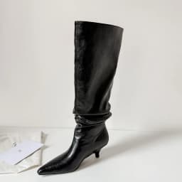 Arden Furtado Autumn Beige Microfiber Large Tubular Boots Pointed Toe Pull-On Stilettos Heels Simple Style Over the Knee Boots