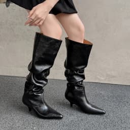 Arden Furtado Autumn Beige Microfiber Large Tubular Boots Pointed Toe Pull-On Stilettos Heels Simple Style Over the Knee Boots