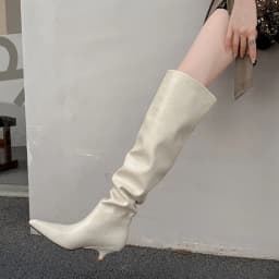 Arden Furtado Autumn Beige Microfiber Large Tubular Boots Pointed Toe Pull-On Stilettos Heels Simple Style Over the Knee Boots
