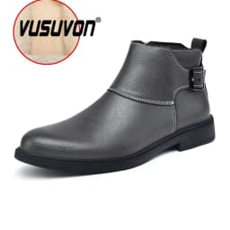 Fashion Men Boots Cow Leather & Fur Plush Winter Warm Black Casual Shoes Party Street Boys Big Size 37-48