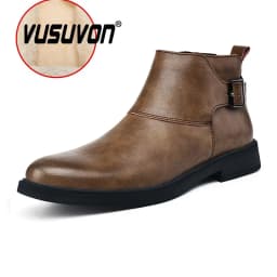Fashion Men Boots Cow Leather & Fur Plush Winter Warm Black Casual Shoes Party Street Boys Big Size 37-48