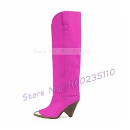 Silver Metal Toe Tan Knee-High Boots Women Fashion Pointed Toe Cone Heel Catwalk Shoes Ladies Stylish Cool Girls Slanted Boots