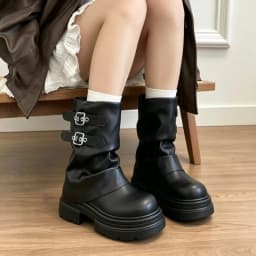 CNEYEIBN Women Double Buckle Mid Calf Boots Pu Leather Platform Block Heel Round Toe Shoes Casual Autumn Mordern Boots
