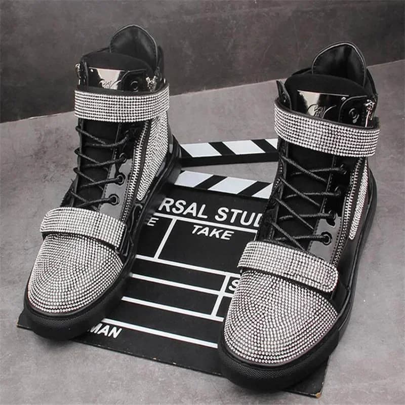 Designer Mens Glitter Rhinestones High Tops Casual Flats Shoes for Men Skateboard Thick Bottom Sneakers Men Shoes Man