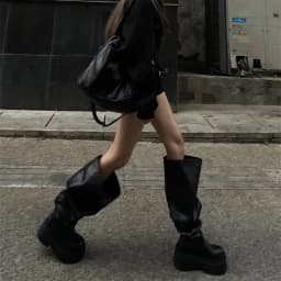 Winter Chunky Women Knee High Boots Fashion Slip On Pleated Long Booties Square Heels Party Dress Ladies Shoes