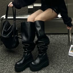 Winter Chunky Women Knee High Boots Fashion Slip On Pleated Long Booties Square Heels Party Dress Ladies Shoes