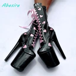 Bling Pink Heart-Shaped High Platform Knee High Boots Round Toe Thin Heels Shoes for Women Side Zipper Lace-Up Sweet Cool Shoes