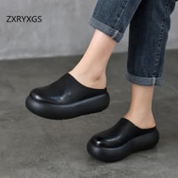 ZXRYXGS Top Cowhide Full Real Leather Slippers Wedges Thick Sole Heighten Shoes 2026 New Summer Round Toe Women Fashion Slippers