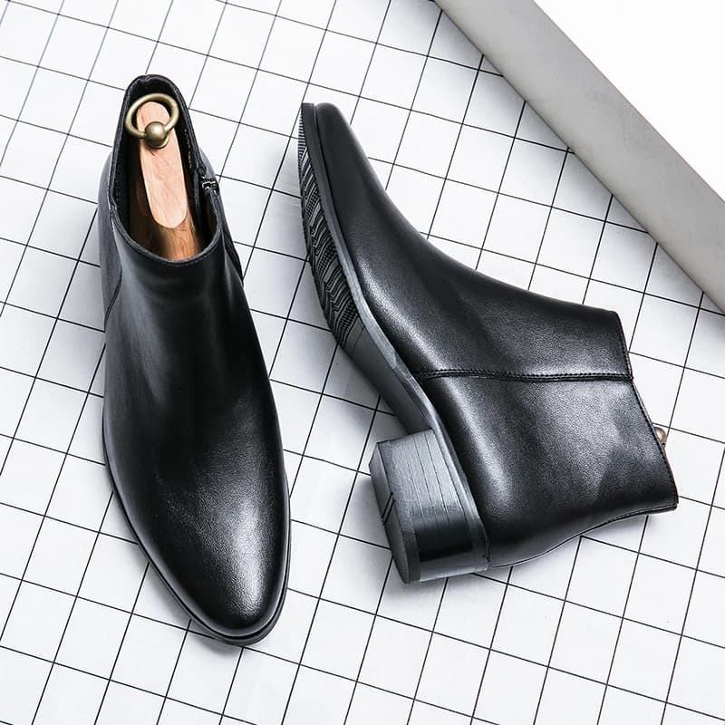 Classic Black Men's Chelsea Boots British Style Pointed Toe Leather Ankle Boots Man Slip-on Boots Zip High Top Dress Shoes Man