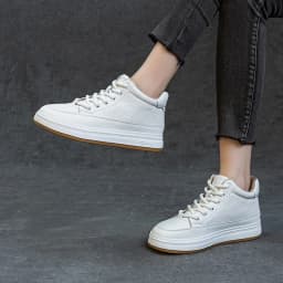 DRKANOL Fashion Women High Top Board Shoes Concise Solid Color Genuine Cow Leather Flat Shoes Autumn Winter Warm Casual Sneakers