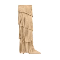 Women's Suede Fringe Knee High Boots Pointed Toe Stiletto Heels Pull On Western Cowboy Tall Boots Party Club Fashion Footwear