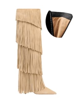Women's Suede Fringe Knee High Boots Pointed Toe Stiletto Heels Pull On Western Cowboy Tall Boots Party Club Fashion Footwear