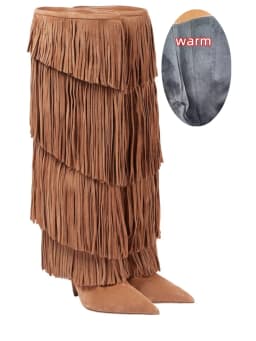 Women's Suede Fringe Knee High Boots Pointed Toe Stiletto Heels Pull On Western Cowboy Tall Boots Party Club Fashion Footwear