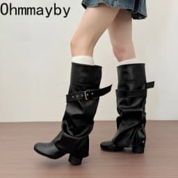 Designer Women Knee High Boots Metal Buckle Strap Round Toe Block Heel Shoes Autumn Winter Ladies Daily Leather Long Booties