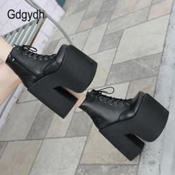 Gdgydh Chunky Heel Motorcycle Boots Women Platform Ankle Boots Lace Up Punk Cosplay Thick Sole Goth Girls Shoes Big Size 43