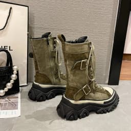 Rock Shoes Woman Luxury Designer Flat Heel Boots-Women Round Toe Fashion 2024 Ladies Autumn Med Ankle Slip-On Cotton Fabric