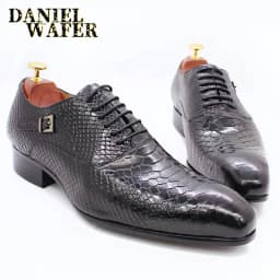 Men's Fashion Dress Leather Shoes Snake Skin Print Classic Lace-Up Oxford Formal in Wine Blue Coffee Black - Pointed Toe