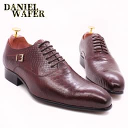 Men's Fashion Dress Leather Shoes Snake Skin Print Classic Lace-Up Oxford Formal in Wine Blue Coffee Black - Pointed Toe