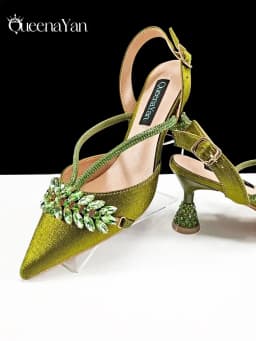 Queena Yan New Arrival Fashionable Olive Color Diamond Decorative Party Wedding Pointed Toe Women's High Heels and Bag Set