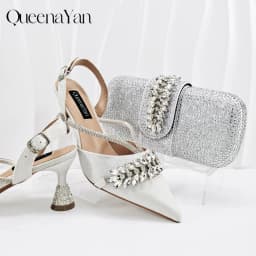 Queena Yan New Arrival Fashionable Olive Color Diamond Decorative Party Wedding Pointed Toe Women's High Heels and Bag Set