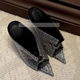 Sparkling Crystals Heeled Mules Women Front Pierced Open Pointed-Toe Mules Feminine Sexy Slip-On High Heels Shoes