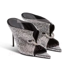 Sparkling Crystals Heeled Mules Women Front Pierced Open Pointed-Toe Mules Feminine Sexy Slip-On High Heels Shoes