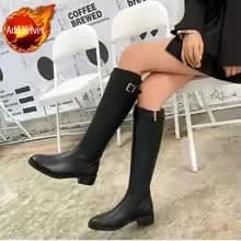 2026 Vintage Femmes Mince Genou-Bottes Mode Ceinture Boucle Chaussures Automne Hiver Talon Bas Dames Moderne Longs Chaussons