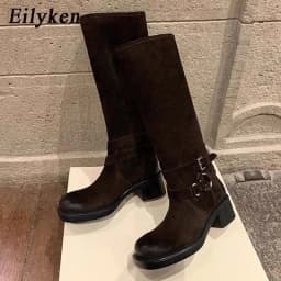 Eilyken Winter Street Style Retro Pleated Knee High Boots Women Designer Round Toe Belt Buckle Square Heels Shoes Botas Mujer